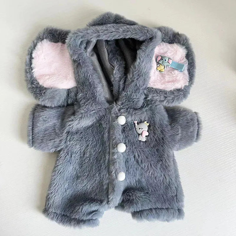 Grey elephant plush jumpsuit suit for a 30cm Lina bear doll on a white background.