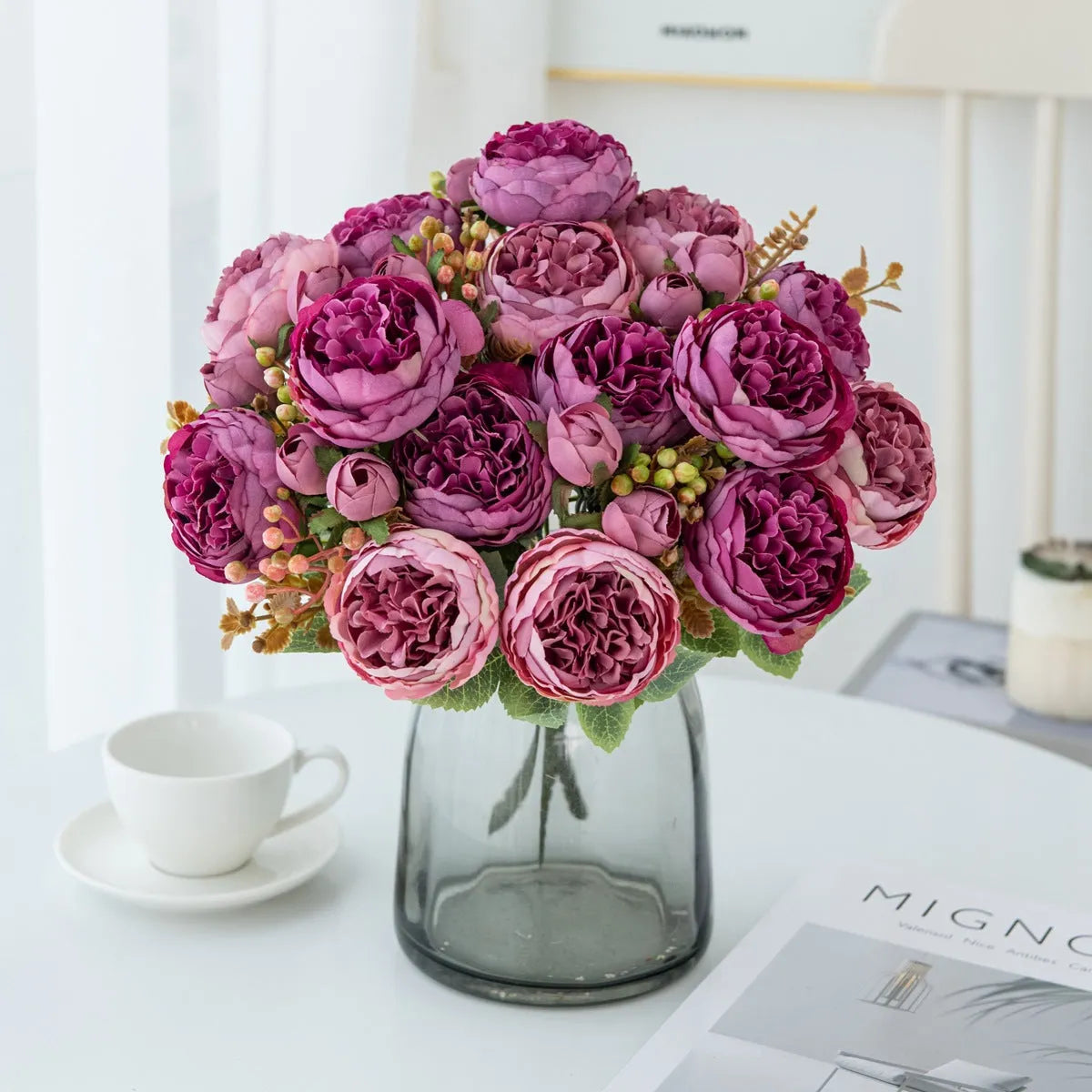 Silk artificial peony flower bouquet in multiple colour options for home decor and weddings