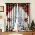 Pair of red and green Christmas theme digitally printed polyester curtains hanging on a window.