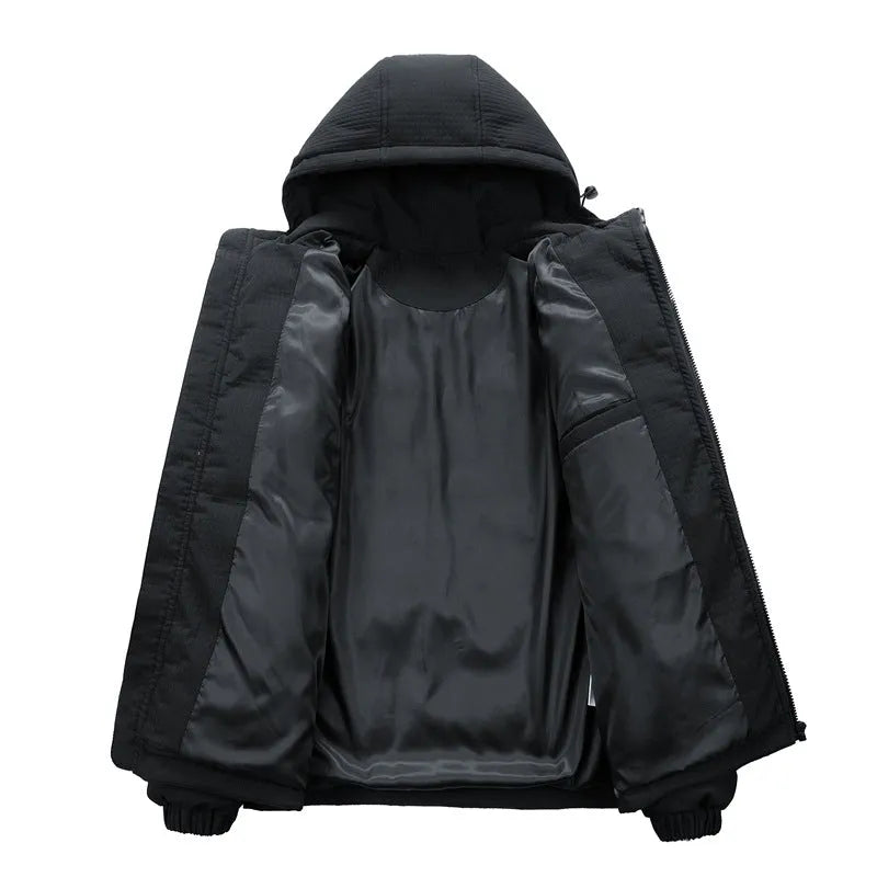 Men's black padded hooded coat with letter print, side pockets, and cardigan style