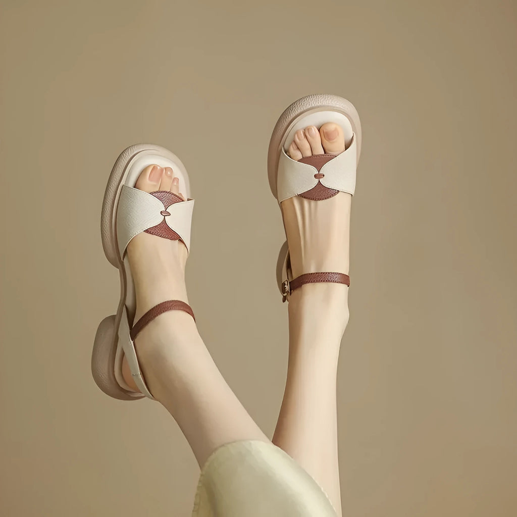 Women's khaki chunky heel platform sandals with open toe and rubber sole.