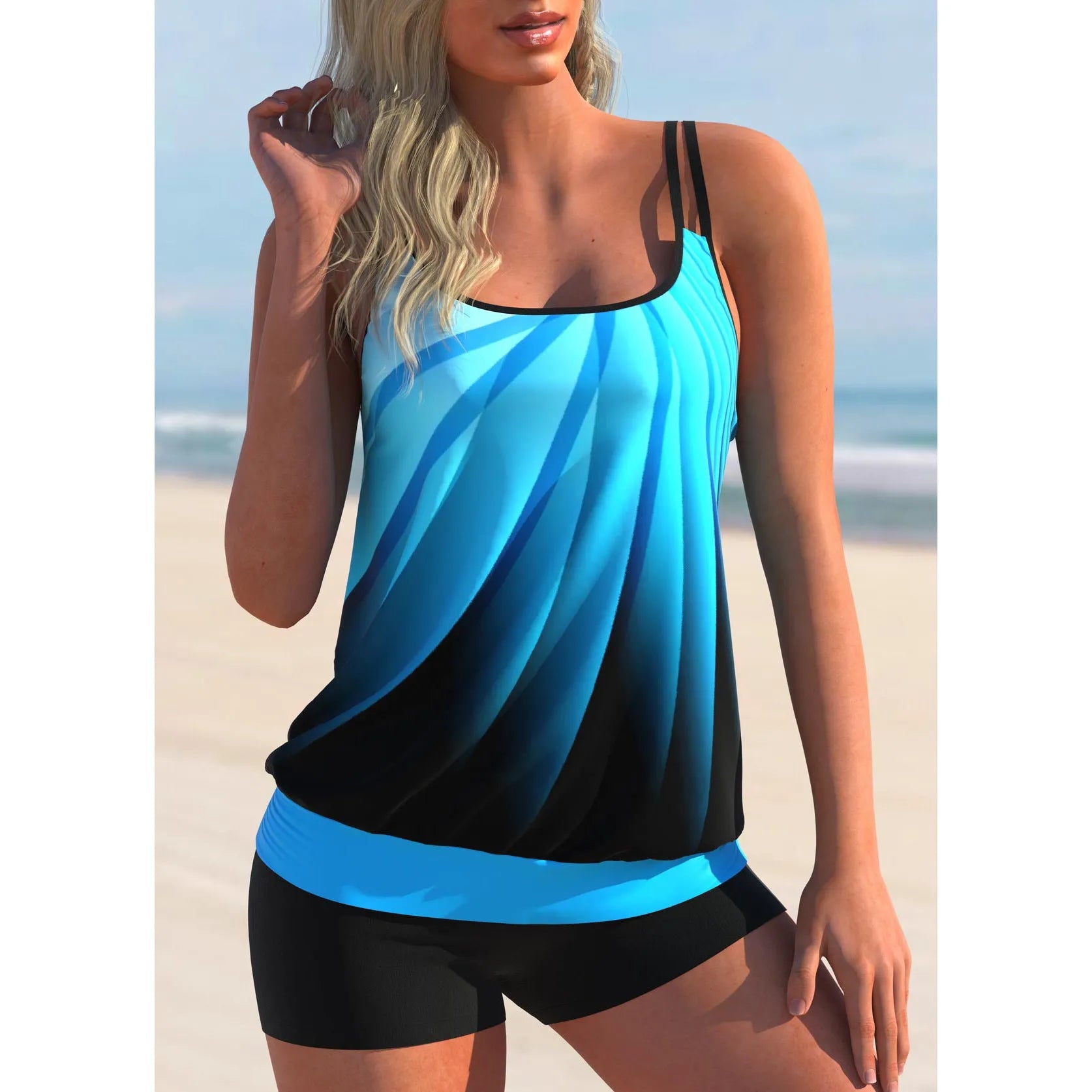 Plus size women's swimsuit set with butterfly print strappy top and matching blue beach shorts.