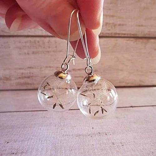 Transparent glass earrings with crystal dandelion seed design on French hooks