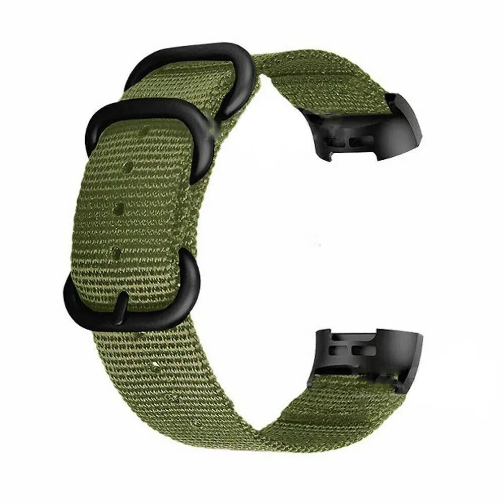 Nylon three-ring buckle replacement strap for Fitbit Charge fitness trackers in multiple colours.