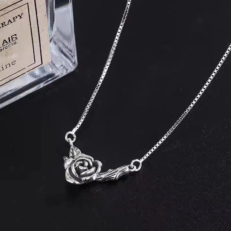 Retro black rose necklace for women with distressed vintage rose finish copper pendant cross chain