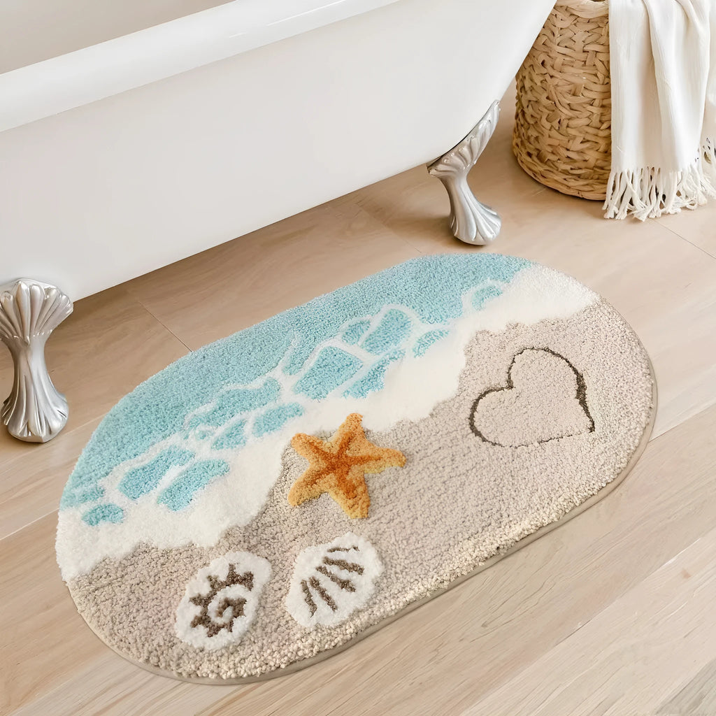 Rectangular rainbow print floor mat with sky sea colours and plastic dirt-resistant bottom