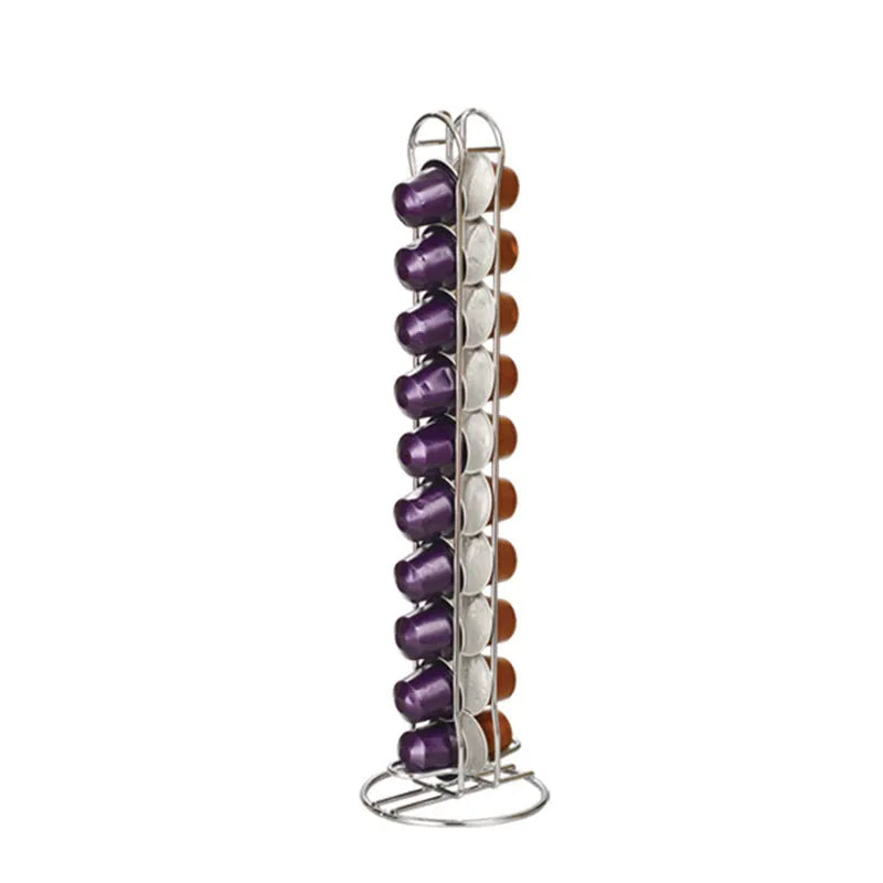 Wrought iron coffee capsule storage rack holding multiple pods with spray black finish