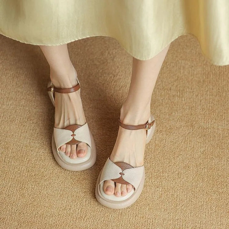 Women's khaki chunky heel platform sandals with open toe and rubber sole.