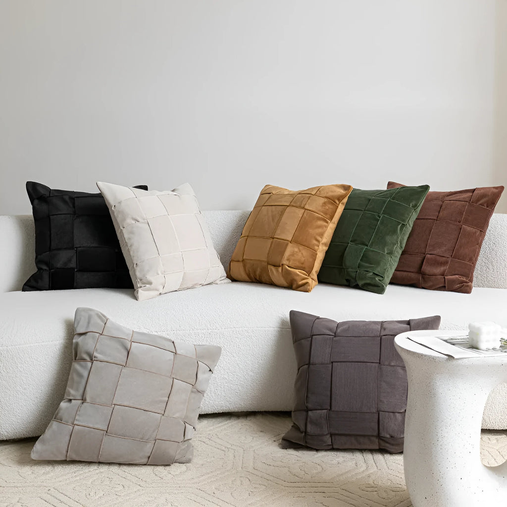 Square 50x50cm chenille woven decorative pillow in beige colour with textured fabric.