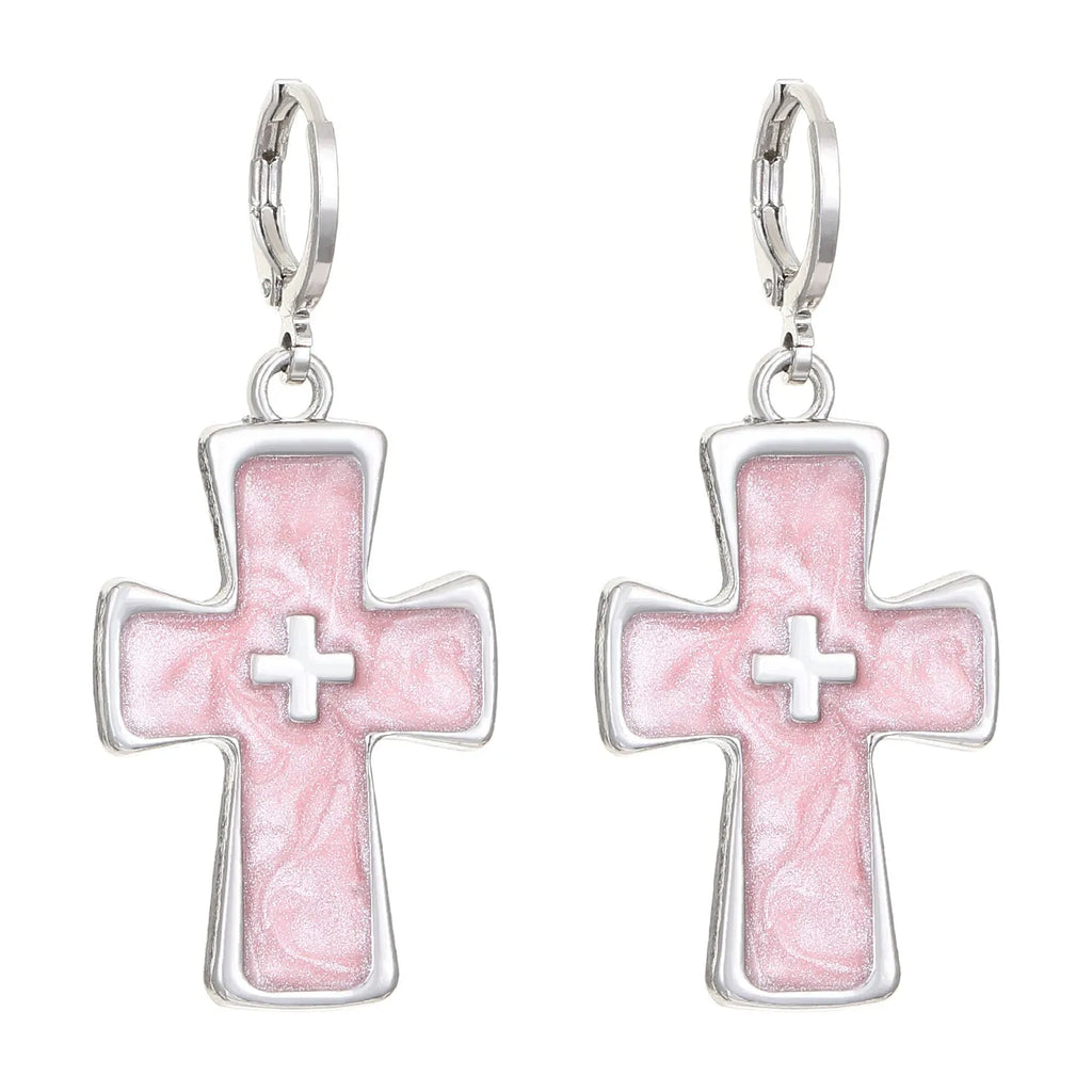 Women's cross crystal earrings in alloy with five colour options showing drip oil finish and geometric designs