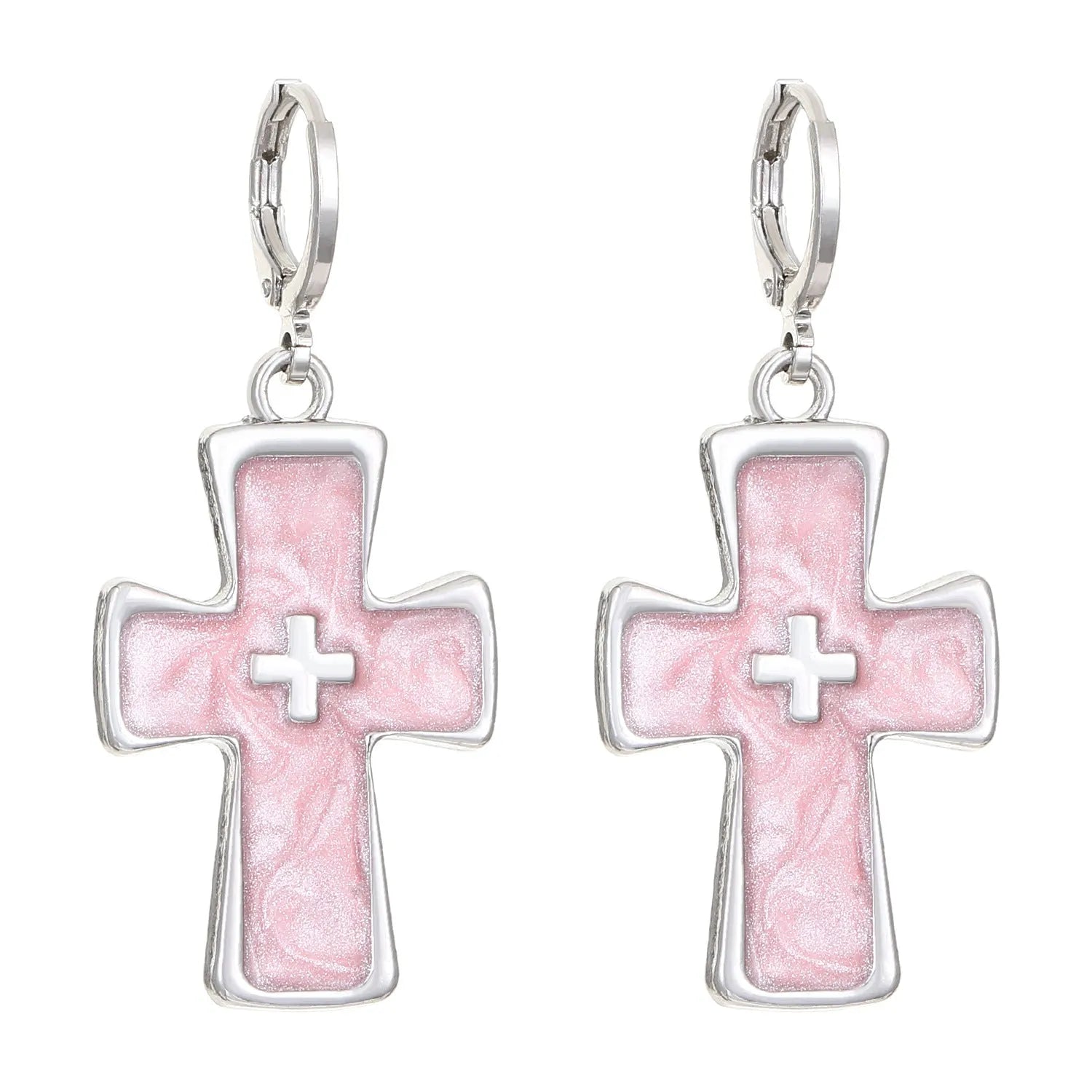 Women's cross crystal earrings in alloy with five colour options showing drip oil finish and geometric designs