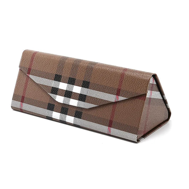 Black triangle folding glasses case with handmade stitching on PU cowhide exterior