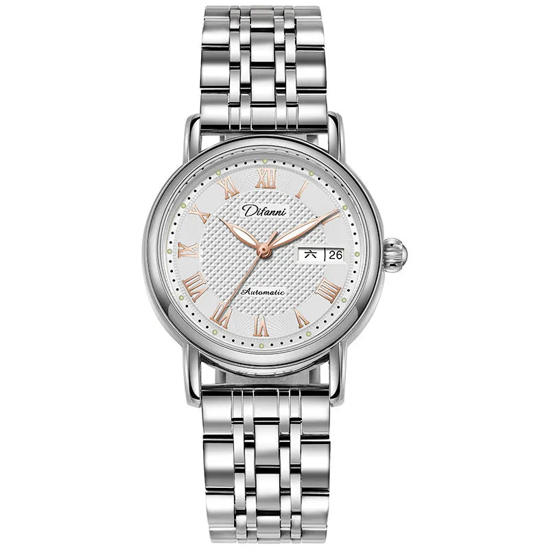 Women's automatic mechanical watch with choice of stainless steel or leather strap, 12mm thickness