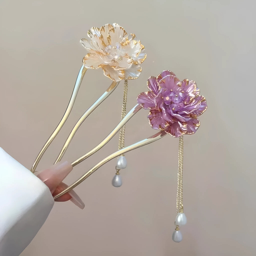 Purple and white peony flower U-shaped hairpin with tassels in retro pastoral style