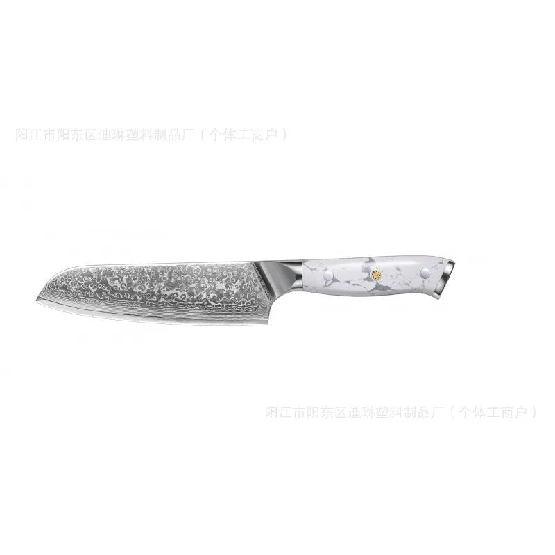 Damascus pattern chef knife with VG10 steel blade measuring 21cm, shown on a kitchen counter.