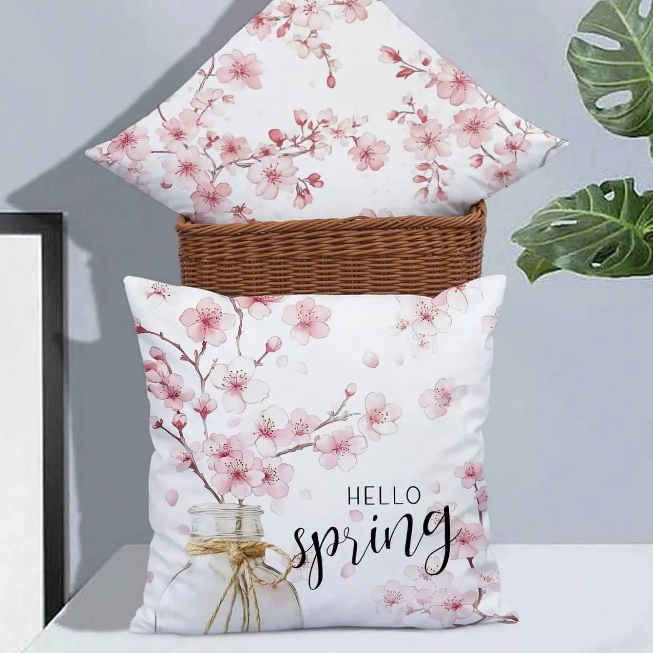 45cm square short velvet cushion cover with spring cherry blossom and letter print in assorted colours.