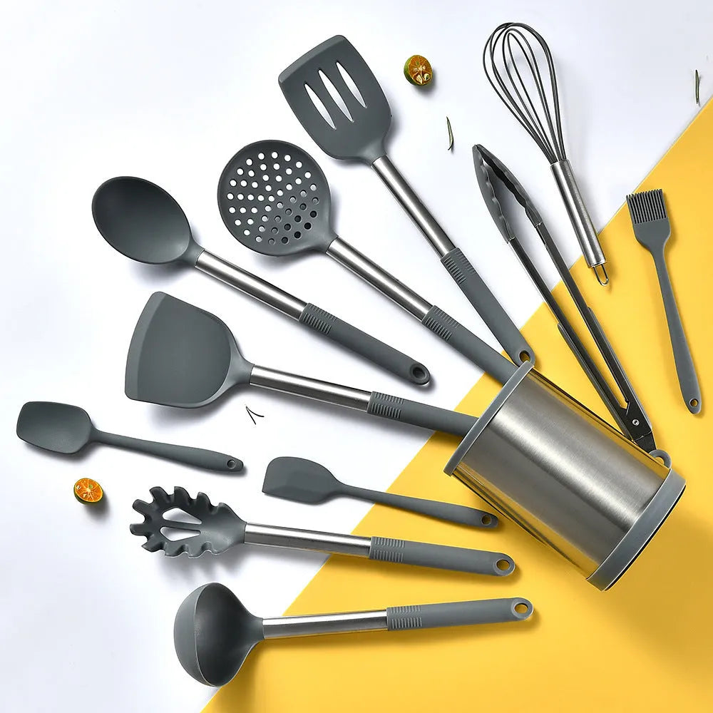 12 piece silicone kitchen utensil set with rotating storage bucket in black, dark grey or khaki colours