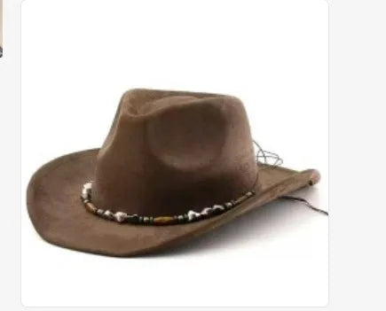 Brown leather velvet western cowboy hat with curved edge and conical crown style