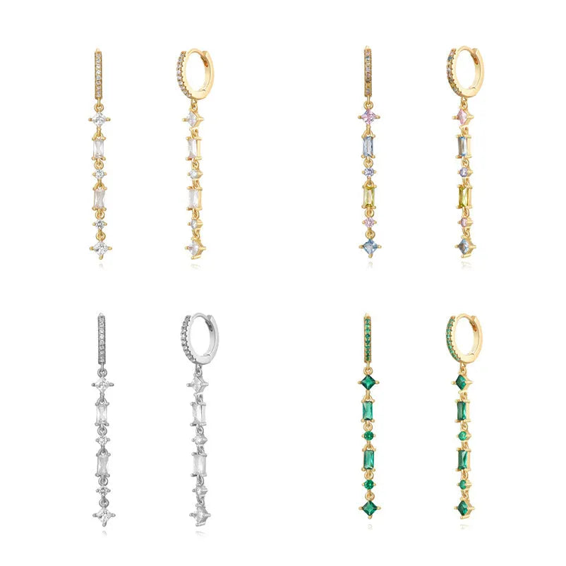 Sterling silver needle earrings with colourful zircon tassel drop design and geometric U-shape