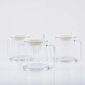 Transparent lightweight plastic drinking cup with spill-proof design on a plain background