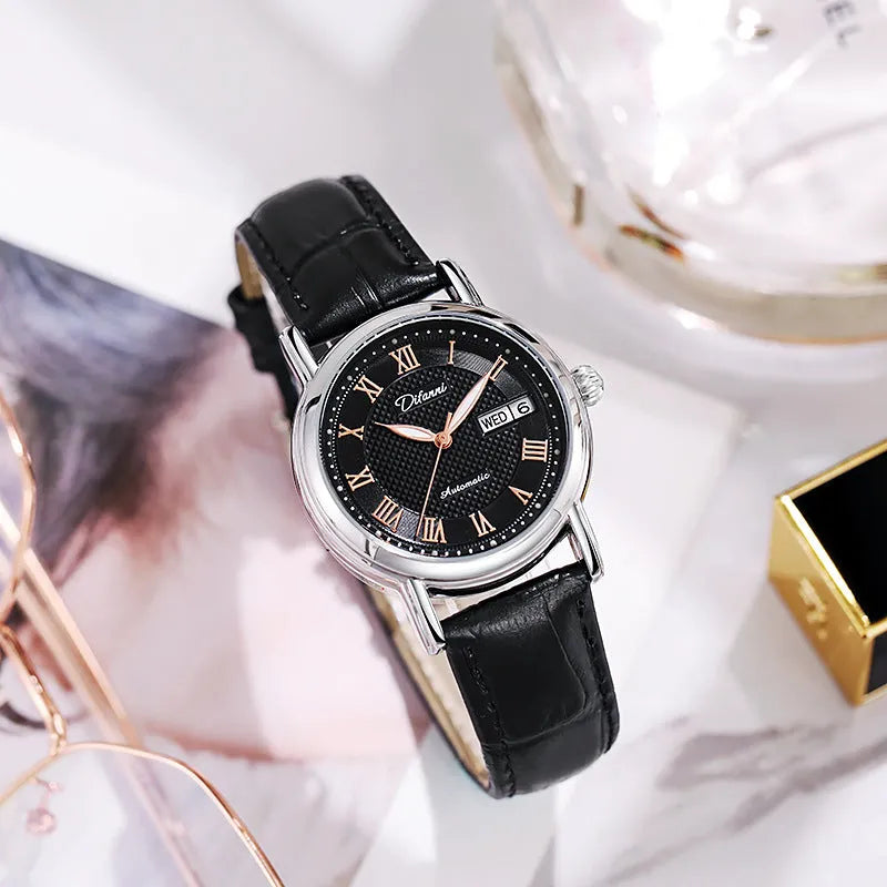 Women's automatic mechanical watch with choice of stainless steel or leather strap, 12mm thickness