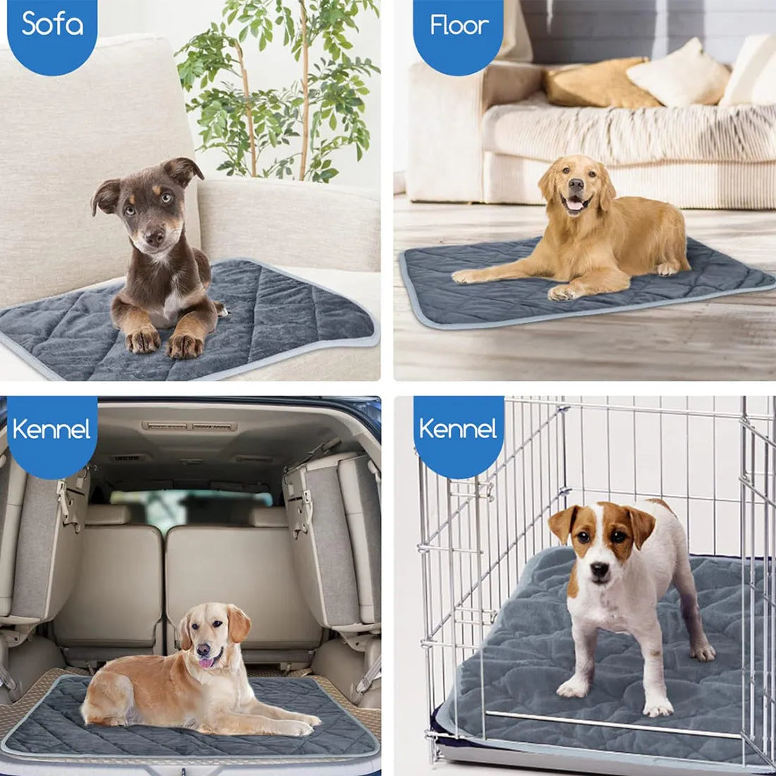 Grey super soft personalised multi-layer pet cushion showing four available size options