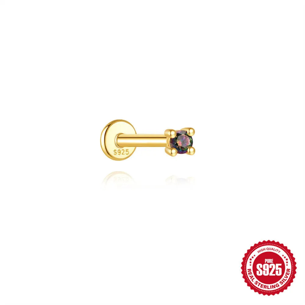 S925 sterling silver flat head thread piercing earring with rainbow stone in geometric design
