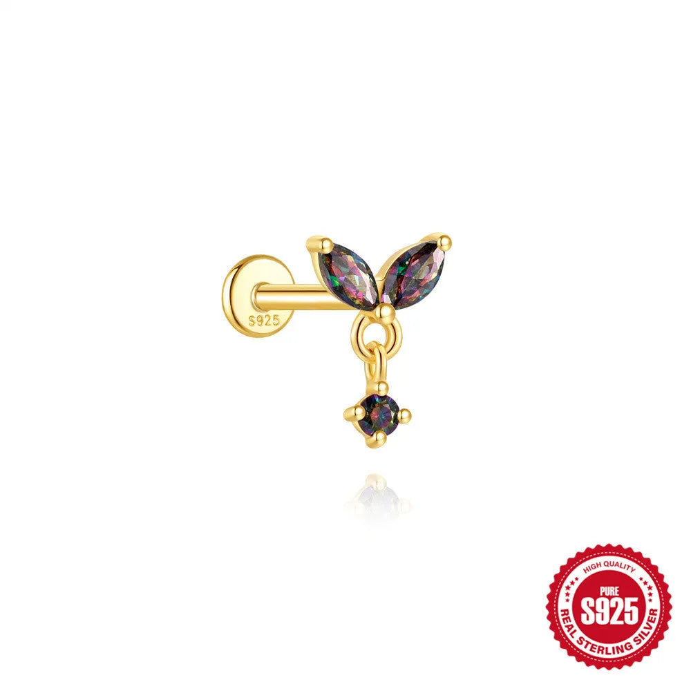 S925 sterling silver flat head thread piercing earring with rainbow stone in geometric design