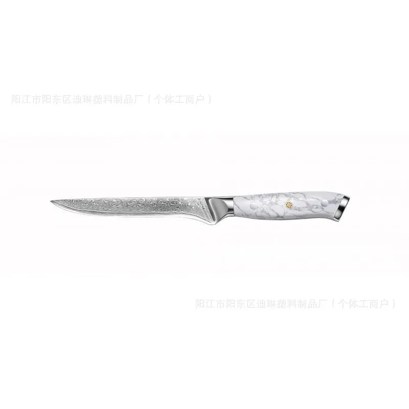 Damascus pattern chef knife with VG10 steel blade measuring 21cm, shown on a kitchen counter.