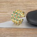 Copper ring with 18K gold plating and green zircon accents in wide band three-layer design