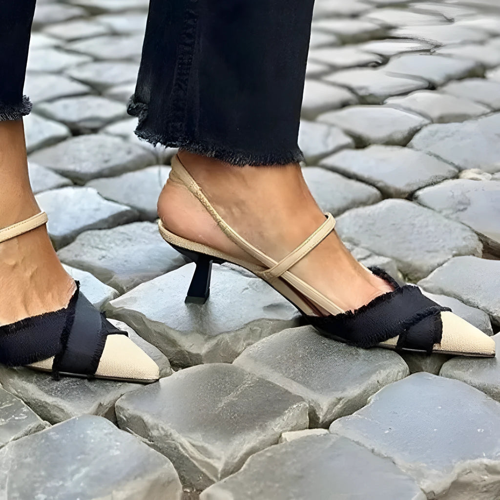 Apricot Black women's stiletto sandals with pointed toe and ankle buckle.