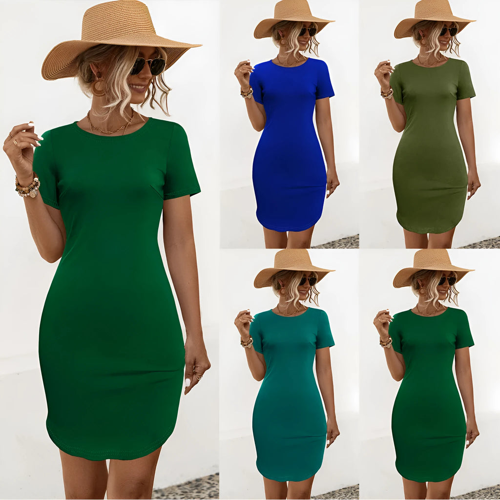 Women's solid colour slim-fit short sleeve dress with a U-neck, shown in Army Green.