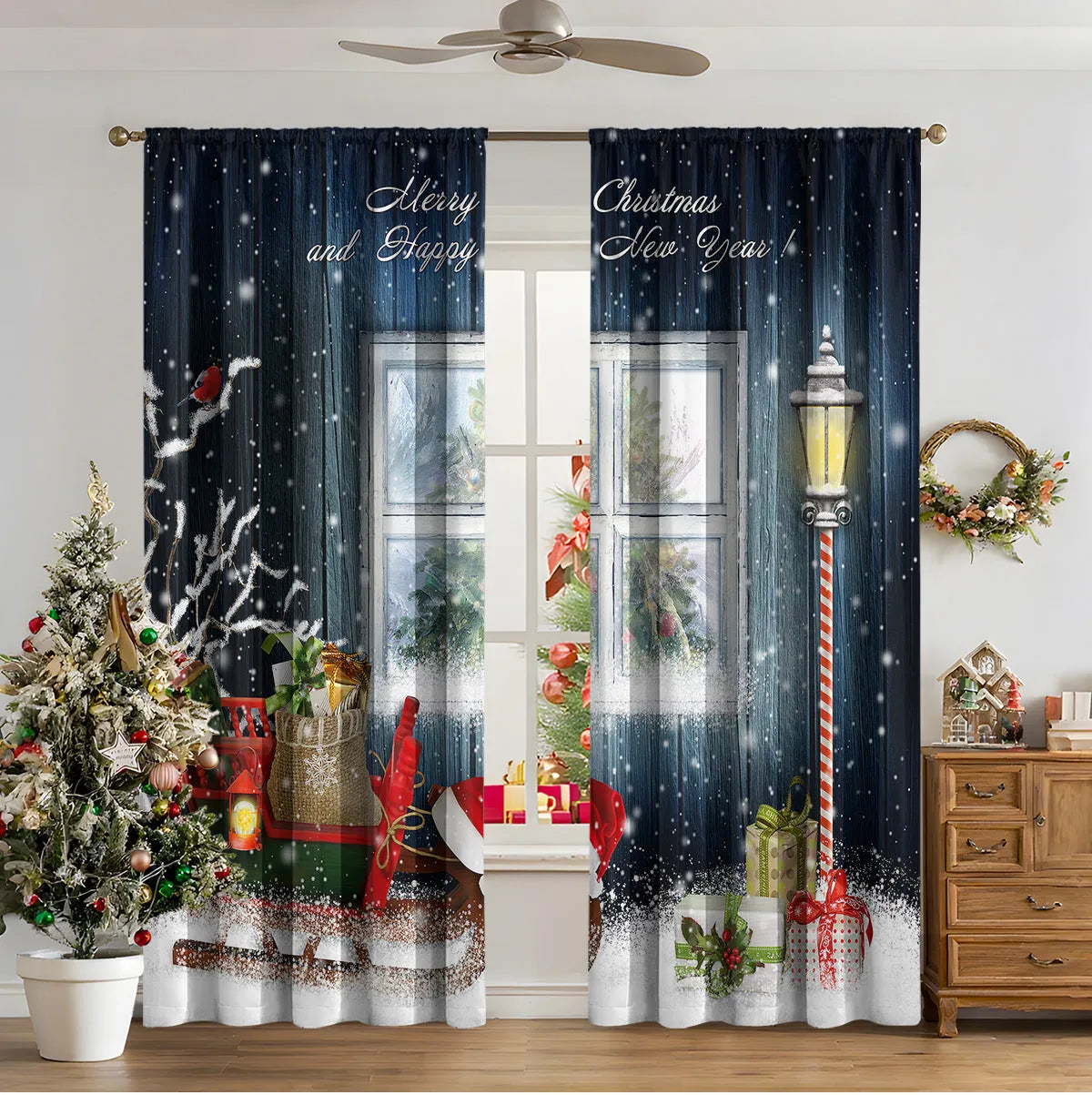 3D digital printed modern Christmas curtain hanging on a window