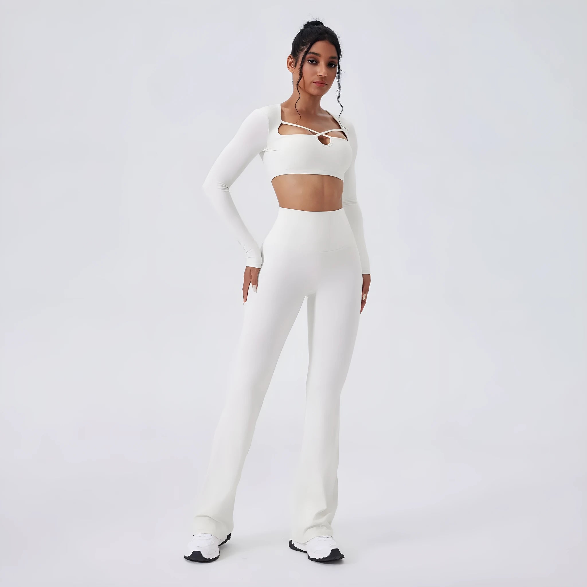 Color-blocking yoga set with hollow-out top and high-waist flared pants in Egret White, black, light banana, espresso, navy peony