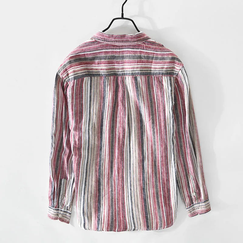 Men's red and grey striped linen shirt with long sleeves and loose fit
