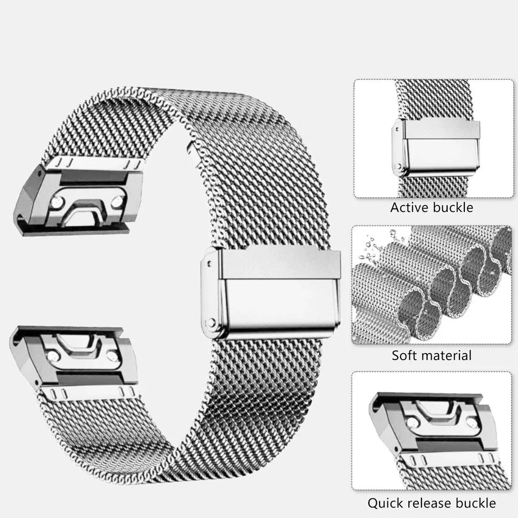 Stainless steel Garmin Fenix watch strap with integrated card slot in silver colour.