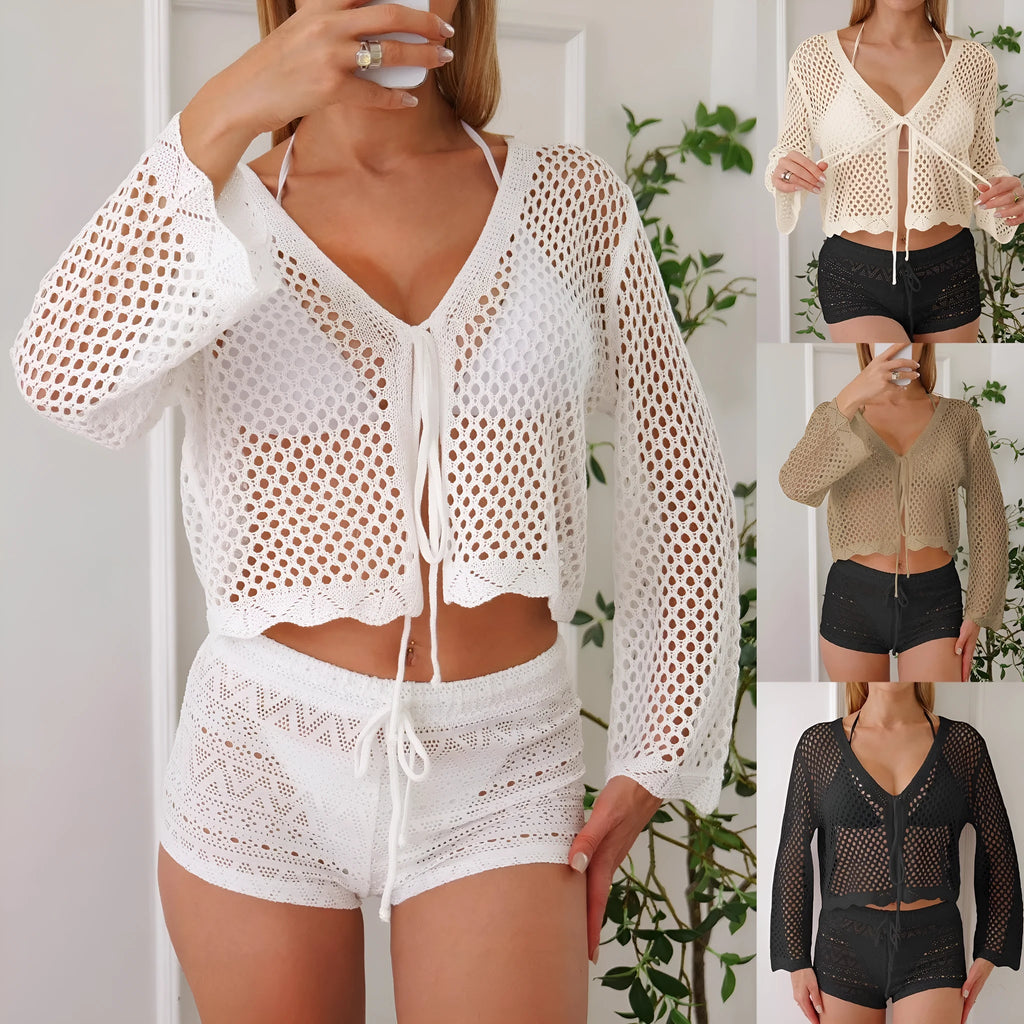 Women's hollow woven cardigan blouse with bell sleeves in short length available in four solid colours