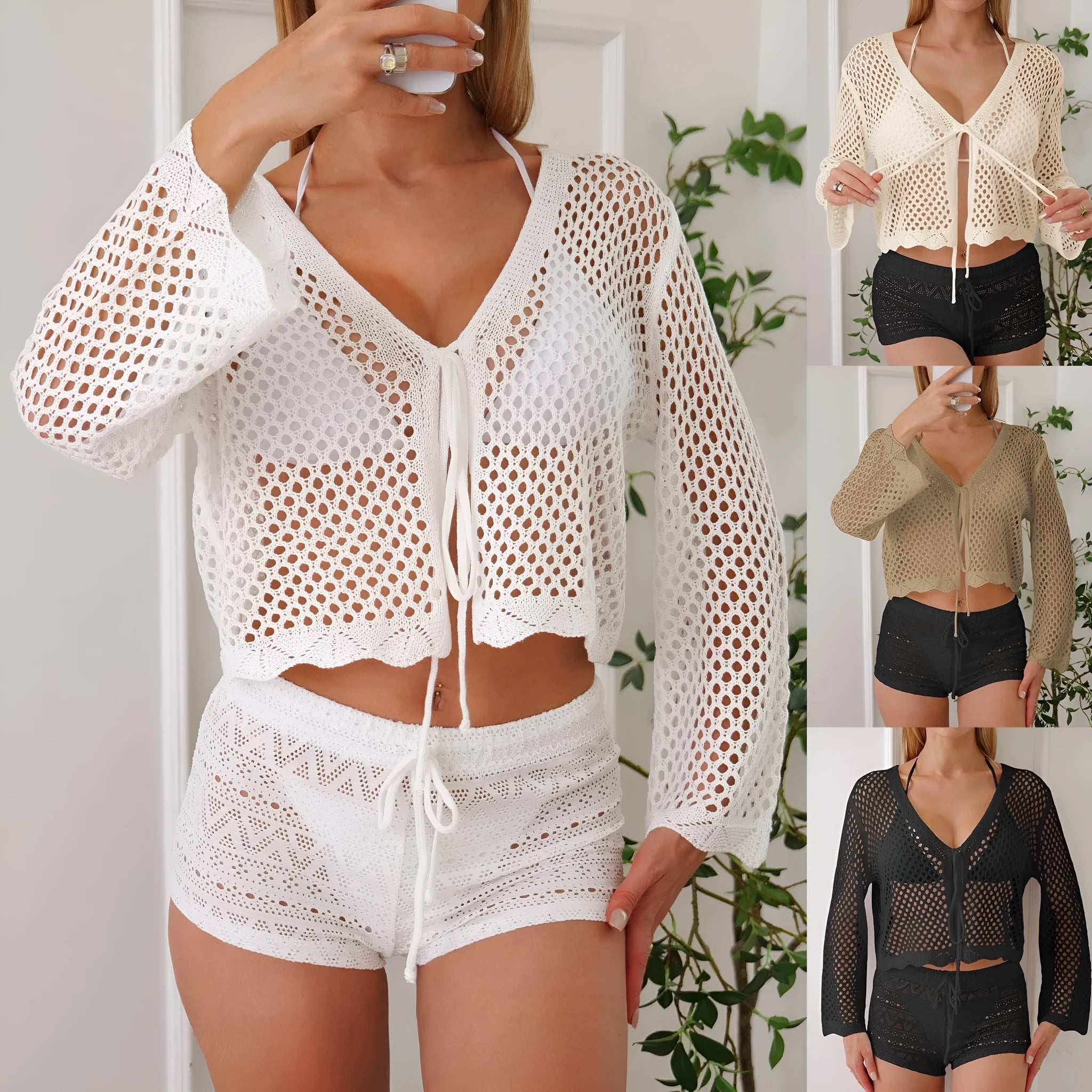 Women's hollow woven cardigan blouse with bell sleeves in short length available in four solid colours