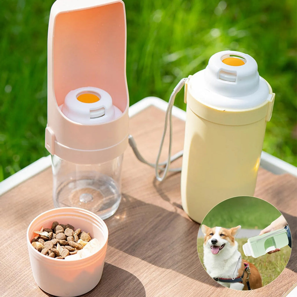 Grey portable 2-in-1 dog water bottle and feeder with drinking cup and lanyard