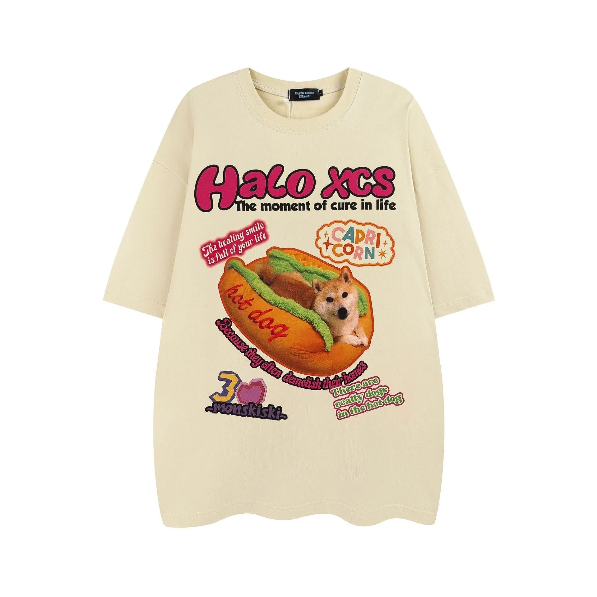 Cartoon hamburger dog printed loose fit cotton T-shirt in white colour