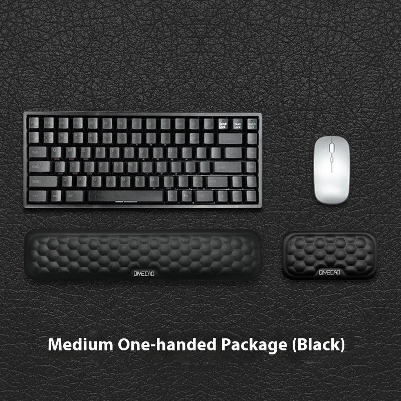 Memory foam mouse wrist rest with silicone base in black cloth and grey leather style options.