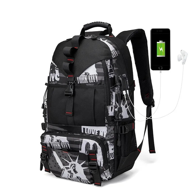 Men's large black waterproof Oxford cloth hiking backpack with padded straps and multiple compartments.