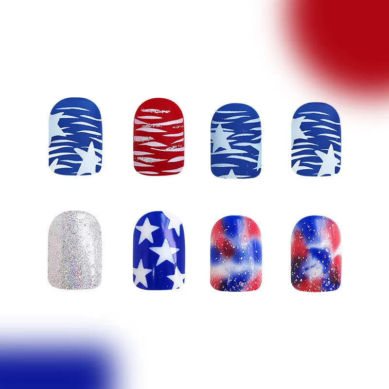 Red and blue multicolor glitter nail tips with European Square short length design