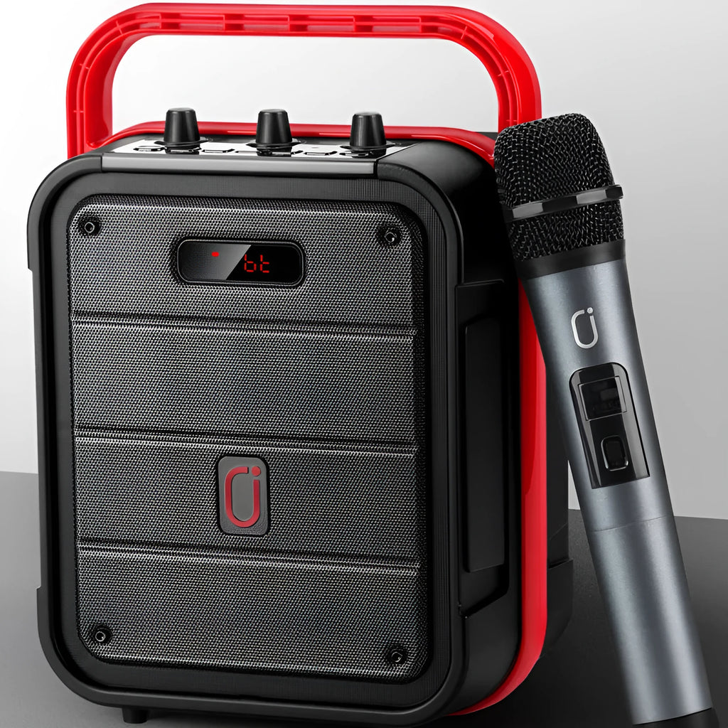 MS62AI portable Bluetooth speaker with 6.5 inch wireless microphone showing control buttons and connectivity ports
