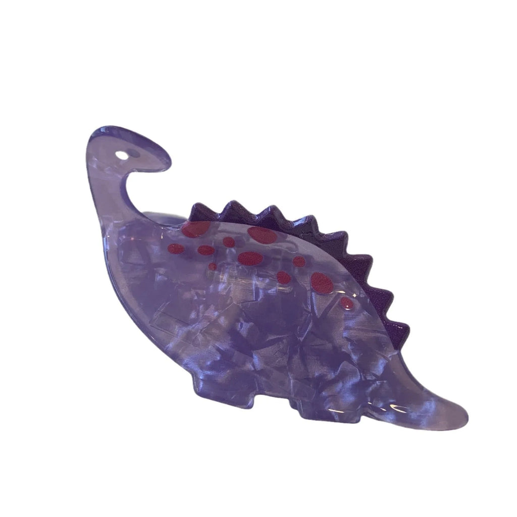 Acrylic hair clip with dinosaur design in various colours including blue, brown, green, pink and purple variants