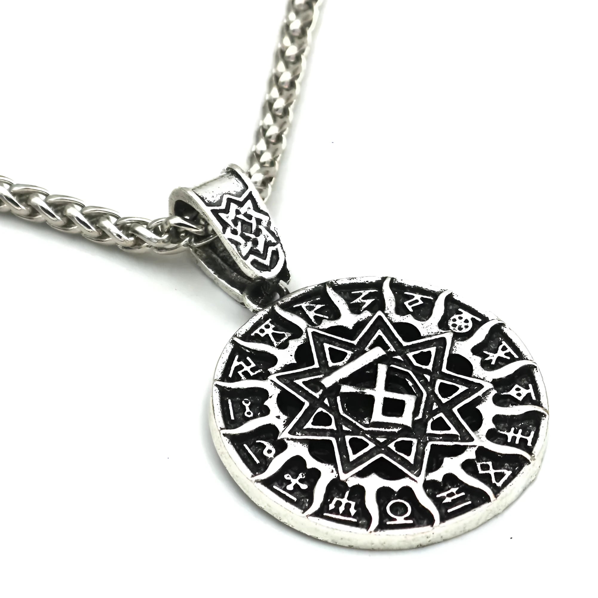 Lunavin ODing logo necklace pendant with antique silver finish and adjustable snake bones chain