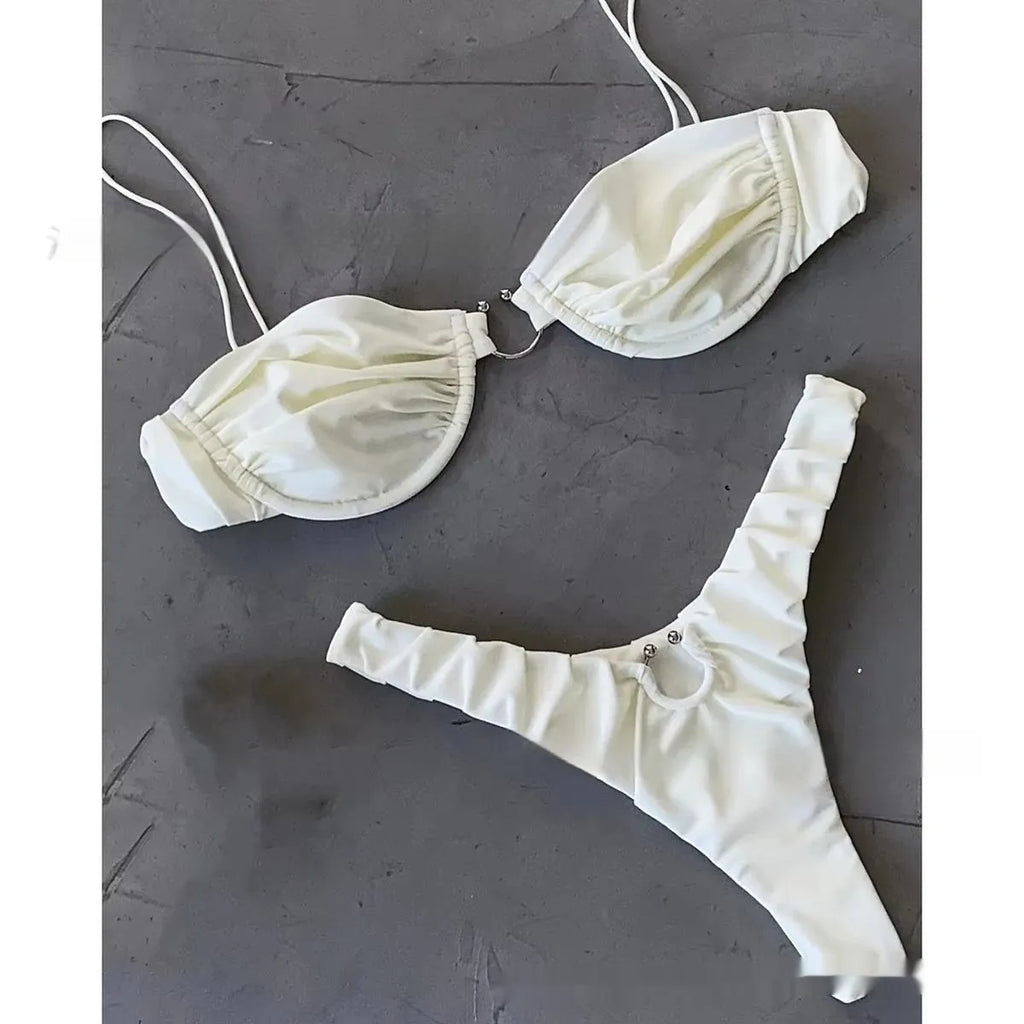 Solid colour nylon bikini two-piece set in pink with briefs style bottom