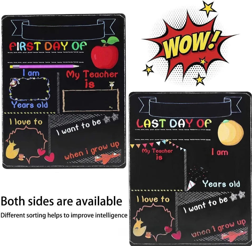 Wooden first day of school blackboard sign measuring 25.5 by 30 centimetres