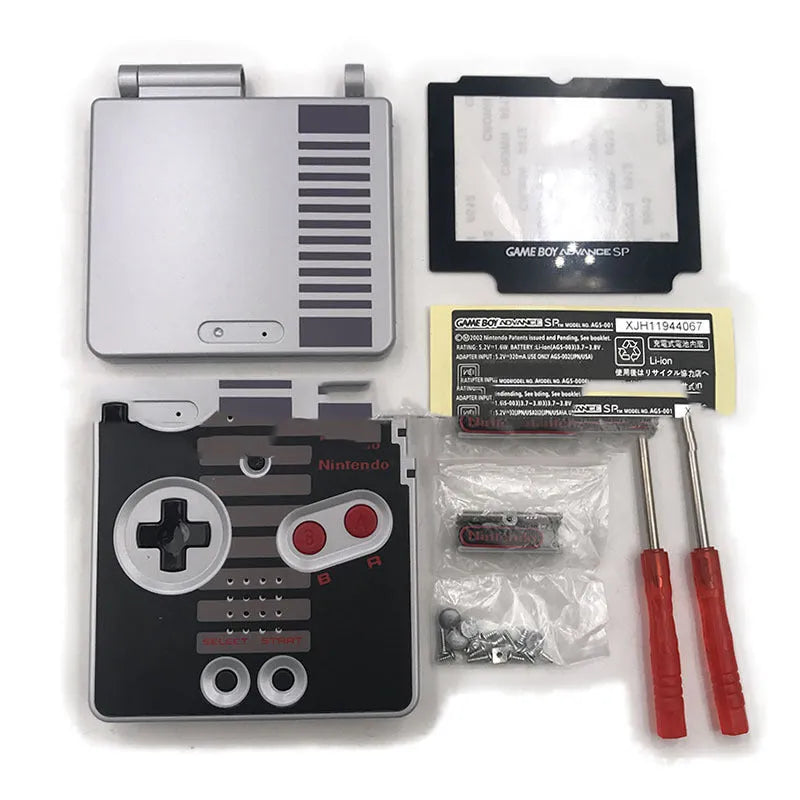 Transparent NES style replacement shell for Nintendo Game Boy Advance SP console showing grey colour and internal circuit board visible