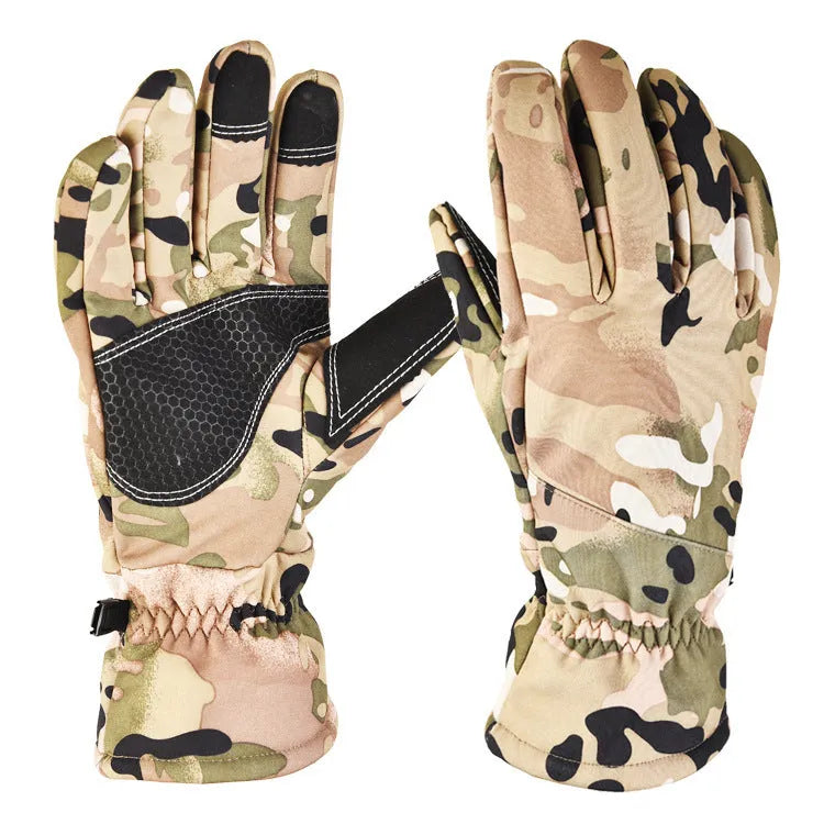 Army Green tactical ski glove with touch screen fingertips on a snowy background.